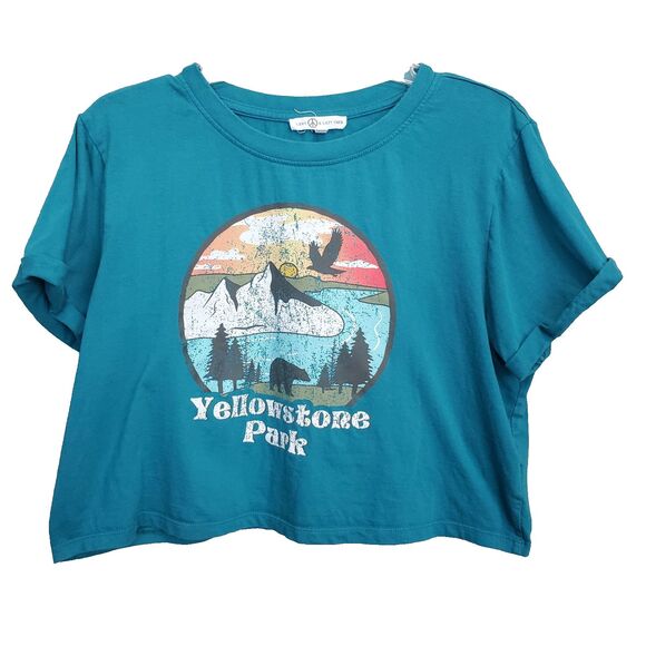 Love Peace And Lazy Days Tops - Love Peace & Lazy Days Teal Yellowstone Park Cropped T-Shirt Size Large